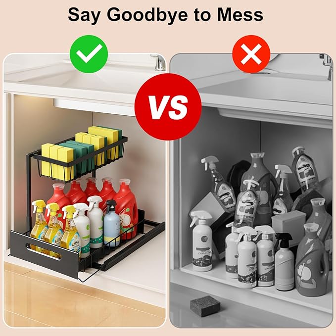 Under Sink Organizer Pull Out Kitchen Sink Organizer, 2 Tier L-Shape Bathroom Organizers and Storage with Sliding Drawer for Kitchen Bathroom Pantry (Black, 1 Pack)