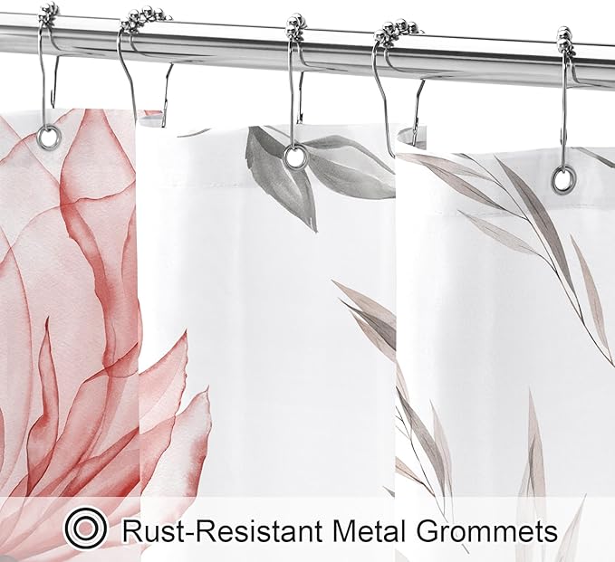 Red and Grey Boho Watercolor Floral Shower Curtain, Ink Painting Style Blossom & Leaf Shower Curtains for Chic Elegant Bathroom, Artistic Fabric Cloth Flower Shower Curtain, 72x72