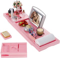 Foldable Bathtub Caddy Tray, Bamboo Bath Tub Tray Table for Tub with Wine Glass Holder Book Phone Tablet Holder with Extending Sides, Adjustable Bathroom Bathtub Free Soap Holder Gift Idea (Pink)