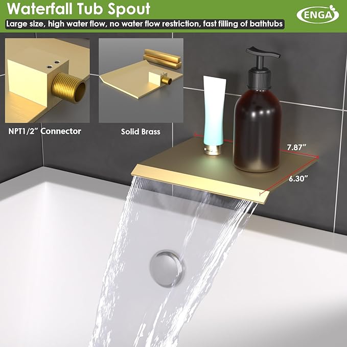 ENGA Dual Shower Head System with Tub Spout, Ceiling Mount 12 Inch Shower Head with 6 Inch Wall Mount Shower Head Shower Faucet Set, Brushed Gold