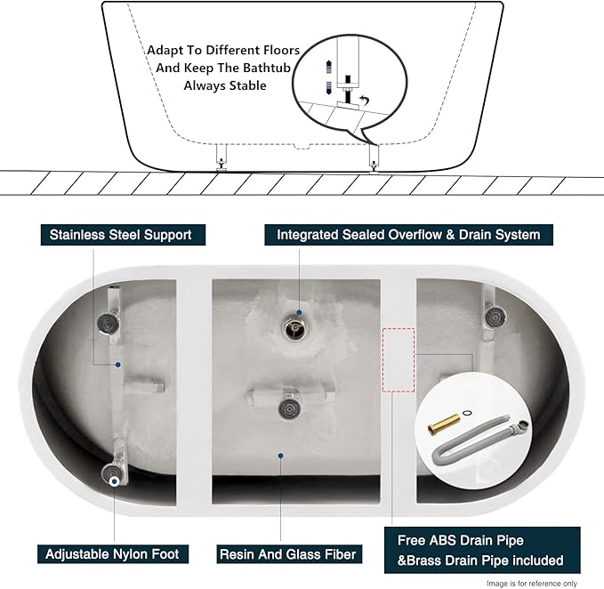 FerdY Shangri-La 67" Acrylic Freestanding Bathtub, Classic Oval Shape Acrylic Soaking Bathtub with Brushed Nickel Drain & Minimalist Linear Design Overflow, Modern White, cUPC Certified