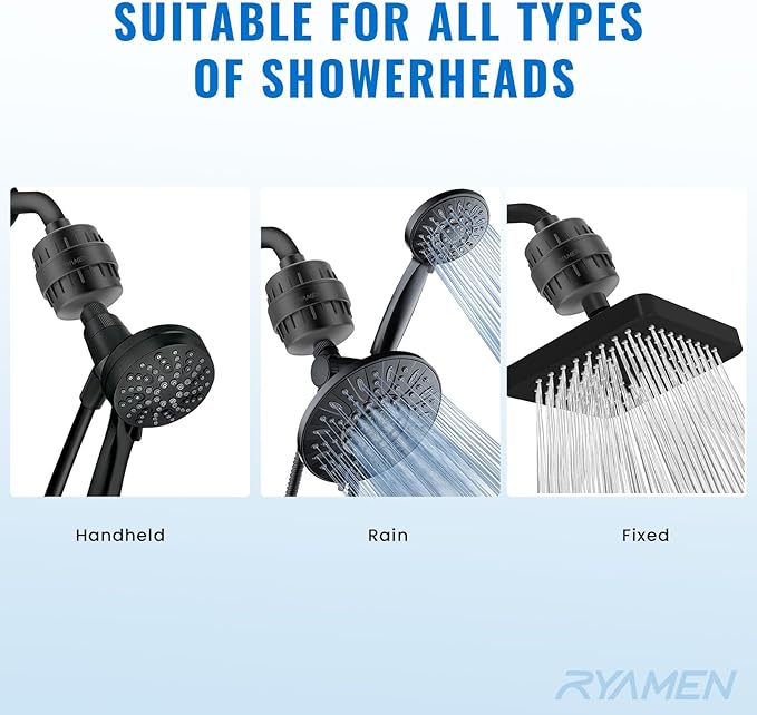 Ryamen Heavy Duty Shower Filter, Shower Water Filter, 99% REMOVAL Shower Head Filter for Hard Water, Heavy Metals, Chlorine (2 Cartridges, Black)