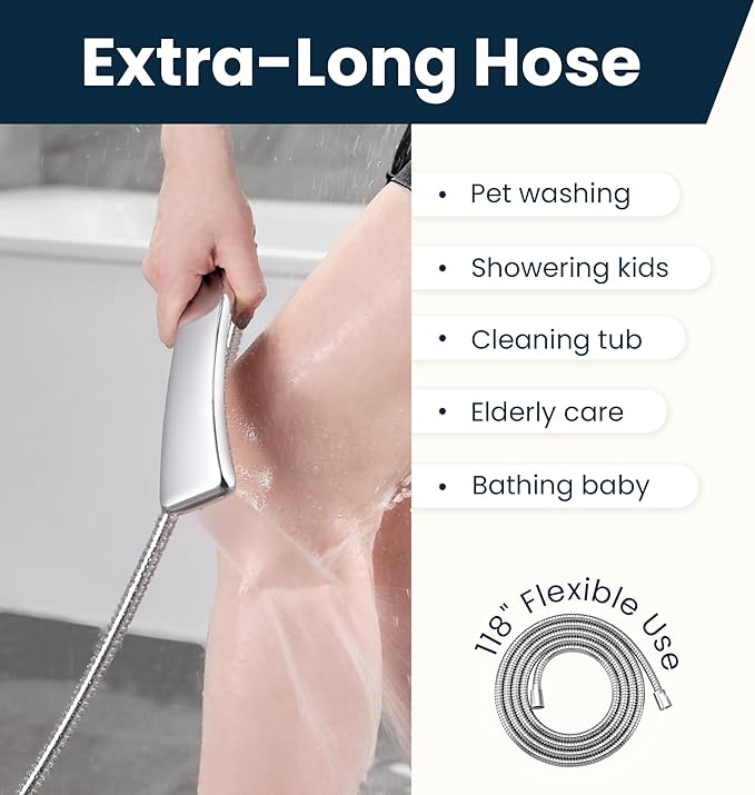 BRIGHT SHOWERS Extra Long Shower Hose 118 Inches – Stainless Steel Handheld Shower Hose with Brass Connectors, Anti-Kink, Leak-Proof, Easy to Install, Fits Most Shower Heads, Polished Chrome