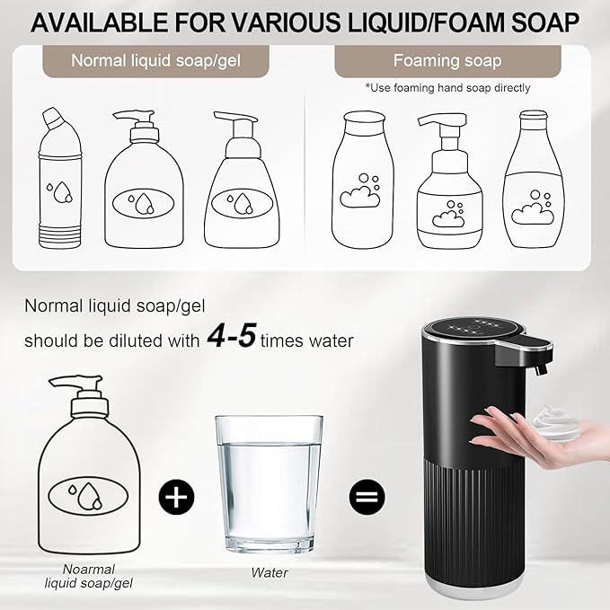 GuDoQi Automatic Touchless Foaming Soap Dispenser, 4-Level Adjustable Foam, USB Rechargeable Hand Soap Dispenser for Bathroom, Kitchen Countertops, 12.2oz/360mL, Black