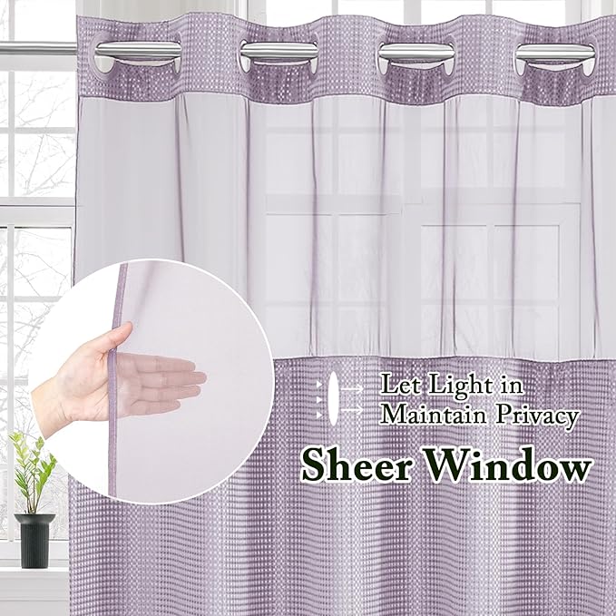 Gibelle Extra Long Shower Curtain 72x86, Waffle Weave Bathroom Shower Curtain with Snap-in Fabric Liner Set, No Hooks Needed, Hotel Style with Mesh Top Window, Lavender