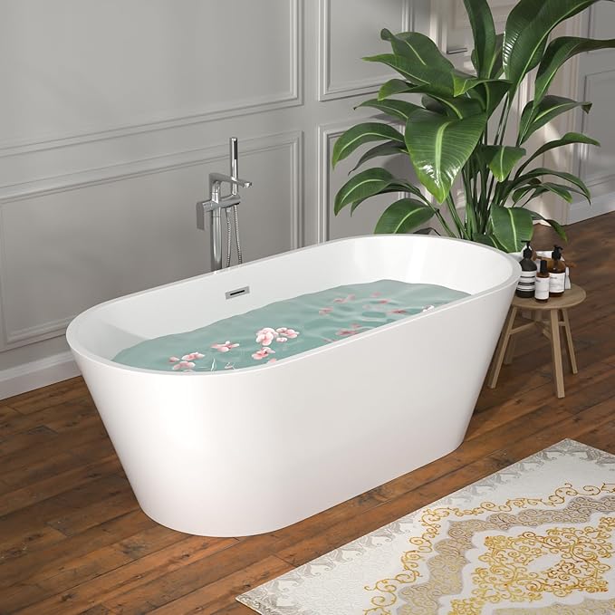63 Inch Freestanding Bathtub White Acrylic Roll Top Soaking Tub with Chrome Drain Spacious Tub for Modern Homes, YSB9221
