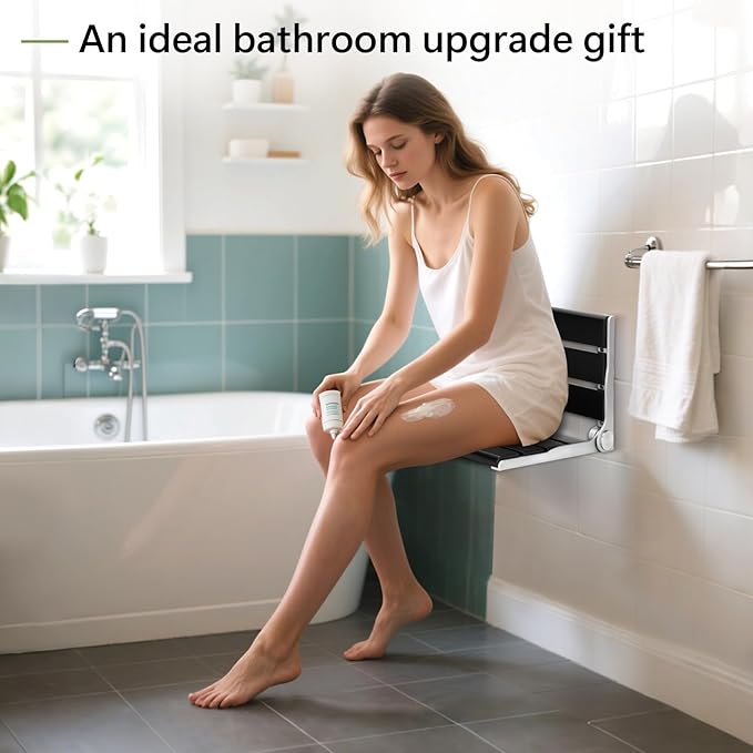 Wall Mounted Shower Seat - 16IN Teak Fold Down Shower Seat for Elderly, Disabled & Pregnant Women - Sturdy Shower Benches for Inside Shower with 400LB Capacity- 2025 Premium Black Shower Bench