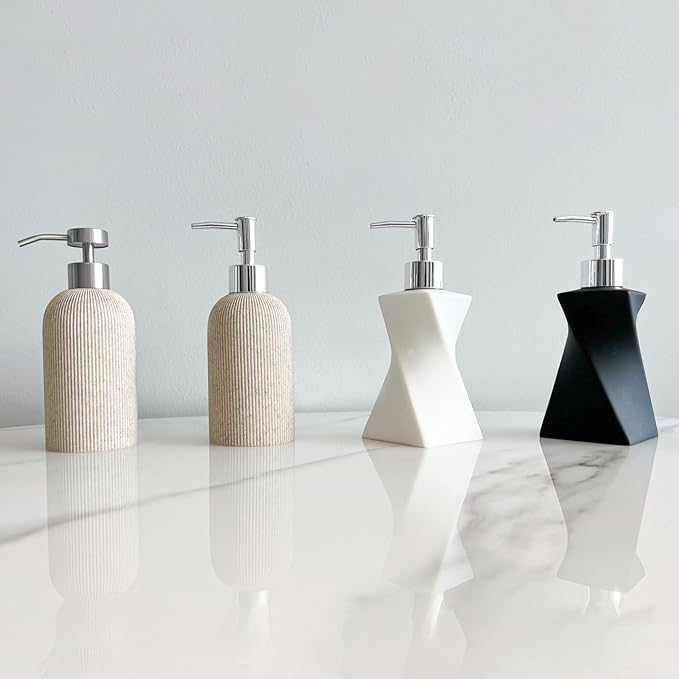 Lunestella Elegant Boho Beige Hand Soap Dispenser with Silver Pump, for Bathroom and Kitchen, Rust Proof, 7oz