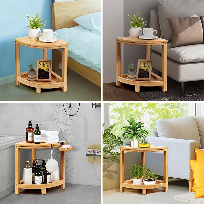 Ollieroo 2-Tier Bamboo Corner Shower Stool for Shaving Legs, Waterproof Bench with Storage Shelf and Soap Dish, Non-Slip Foot Rest (Natural)