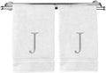 Monogrammed Hand Towel, Personalized Initial Gift, Extra Absorbent 100% Turkish Cotton - Soft Terry Finish - Set of 2 - Silver Block Initial J - Embroidered on White Towels