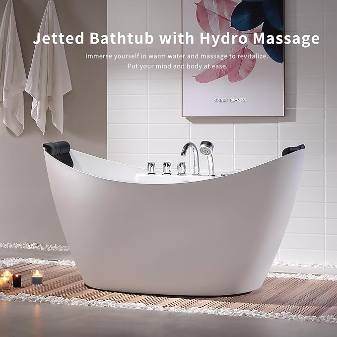 Empava 67" Freestanding Whirlpool Bathtub Oval with 8 Hydromassage Adjustable Water Jets Luxury Acrylic Massage SPA Soaking Bath Tub in White Double Ended