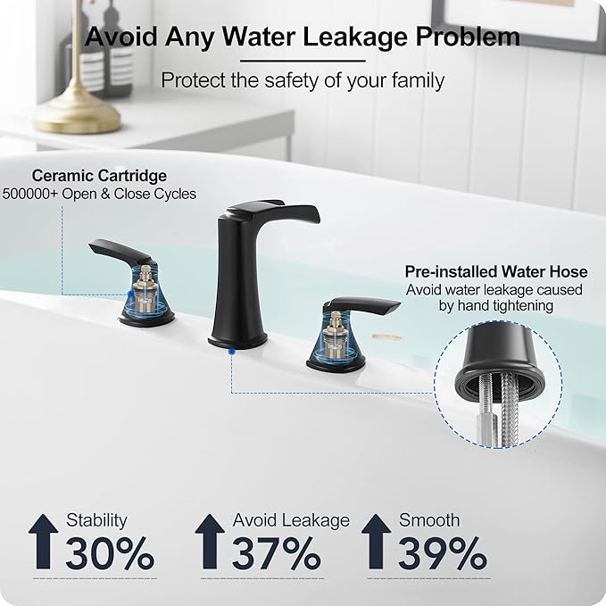 Roman Waterfall Bathtub Faucets, Brass High Flow Bathtub Faucet 3 Hole 6-16 Inch Widespread Black Tub Faucet Set 2 Handle, Deck Mount Filler Bath Faucet for Tub with Supply Water Hose for Modern
