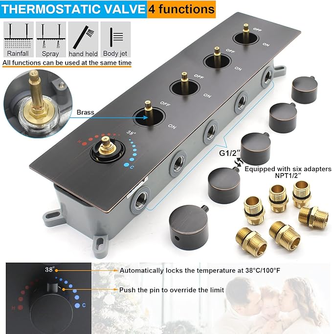 Ceiling Rain Shower System(All Functions Can Run Together)with on-off Full Body Jets, Oil Rubbed Bronze Thermostatic Shower System with 16 Inch Rain & Fog Overhead Shower & Handheld Spray Kit