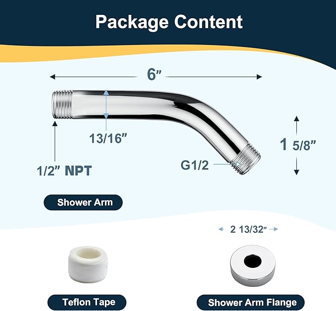 BRIGHT SHOWERS Brass Shower Arm with Flange 6 Inch Wall Mounted Shower Pipe Arm Extension for Fixed Shower Head and Handheld showerhead, Chrome