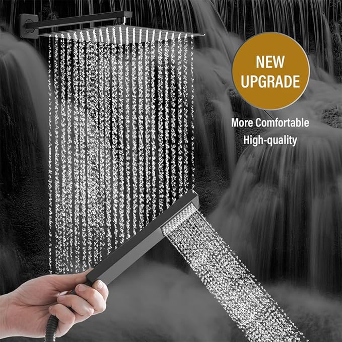 Rainfall Shower System Matte Black Shower Faucet Set with High Pressure 12inch Shower Head Hand Held Square Shower Head Bathroom Luxury Rain Mixer Shower Complete Combo Set Wall Mounted