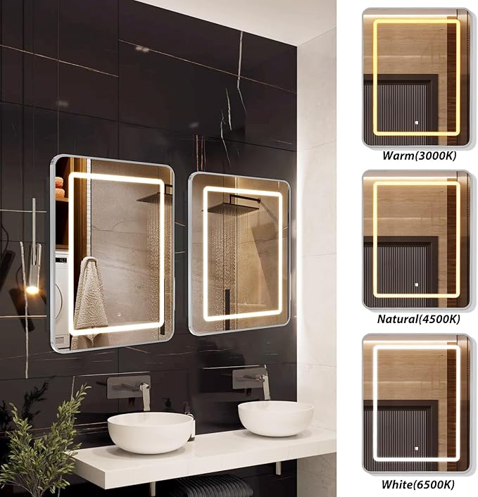 APRILSOUL 20X30 Inch Silver Bathroom Medicine Cabinet with Mirror, Recessed or Surface Lighted Medicine Cabinet with 3 Colors Temperature, Dimmable Light