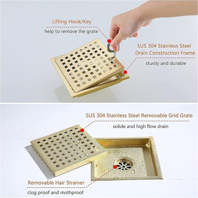 RANDOM Brushed Gold Shower Drain Square 6 Inch Shower Drain Cover Kit with Flange,SUS 304 Stainless Steel Shower Floor Drain with Removable Grid Cover and Hair Strainer