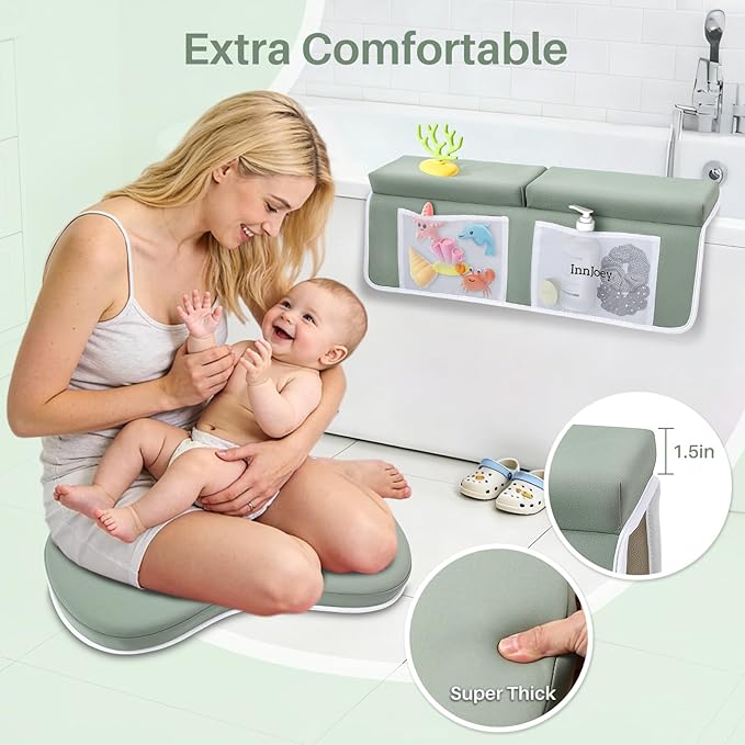 Baby Bath Kneeler and Elbow Rest Pad Set, 1.6'' Thick, Quickly Dry, Bathtub Kneeler Pad with Baby Toys & Bath Accessories Storage, Bath Kneeling Pad and Elbow Pad for Baby Tub Green