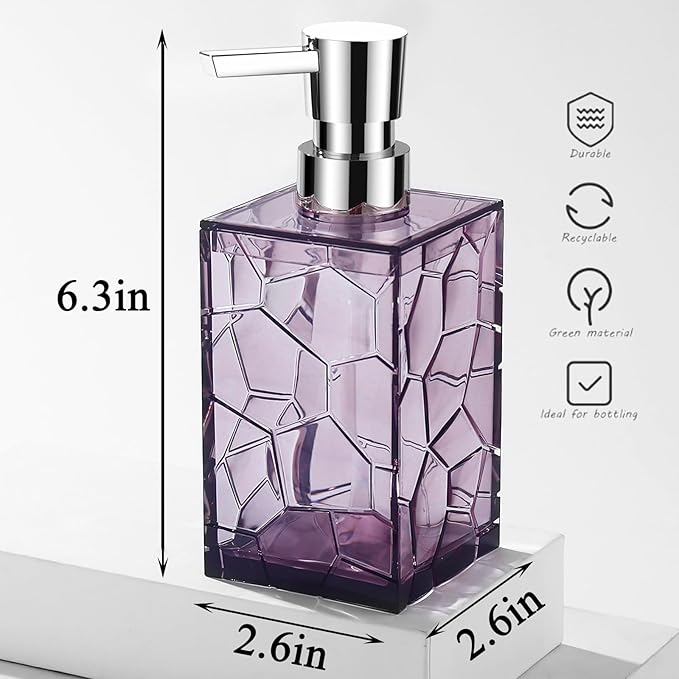Hand Soap Dispenser, Clear Acrylic Plastic Liquid Pump Bottles Refillable Lotion Dispenser for Bathroom Decor Kitchen College Dorm, Purple 2 Pack