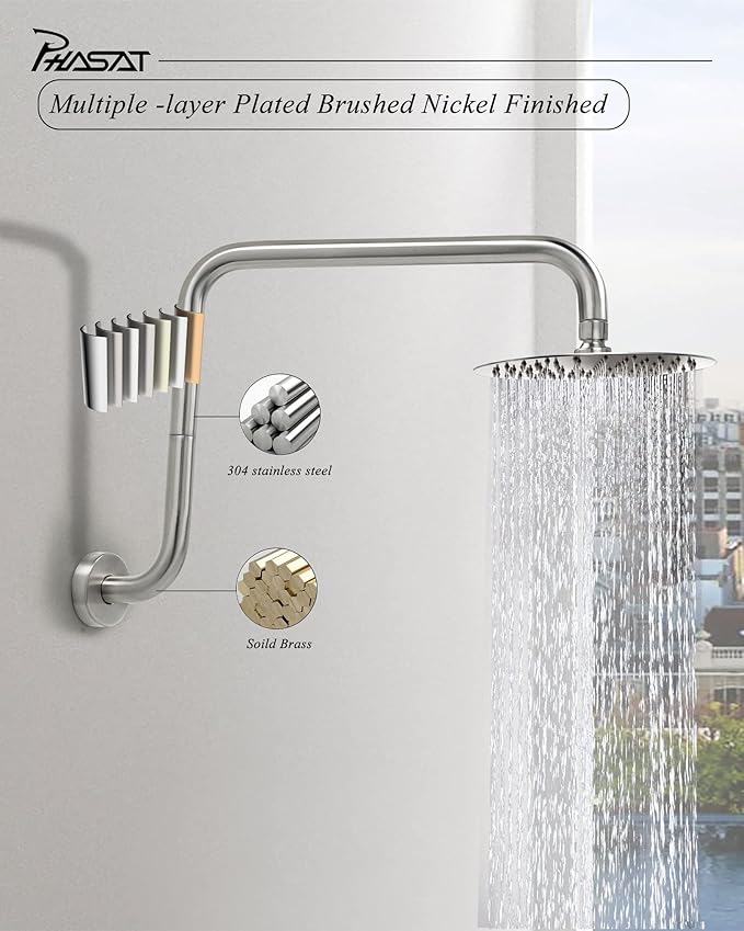 PHASAT S Shaped Shower Arm,Shower Arm Extension Brushed Nickel,High Rise Shower Arm with Flange,Shower Head Extension Arm,PU9L01-M