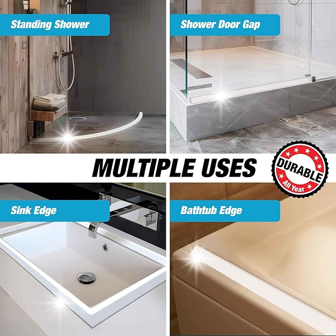 Shower Threshold Water Dam Barrier 100" - White Collapsible Shower Water Blocker - Guard for Walk in Shower - Water Guard Stopper for Floor - Shower Door Water Blocker - Triangular - By Hippo Dam