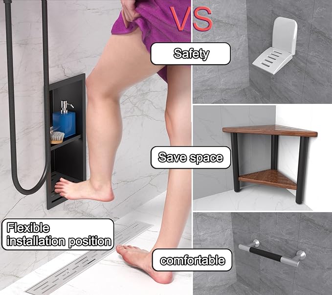 Shower Foot Rest for for Shaving Legs,Double Bathroom Selves Niche Insert for Footrest,Foot Holder Bathroomr,Stainless Steel 304，Matte Black,12.2 in x 4.8 in x 3.9 in