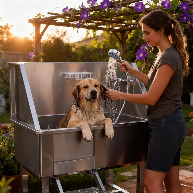Redriver Stainless Steel Dog Washing Station, 38-Inch Dog Bathing Station Bath Tub, Pet Grooming Bath Tub with Left Ramp & Showerhead & Faucet & Soap Holder for Large Medium Pets (Up to 220LBS)