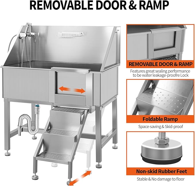 38" Stainless Steel Dog Cat Pet Grooming Bath Tub (w/Faucet, Sprayer, Shampoo Rack),Right Door