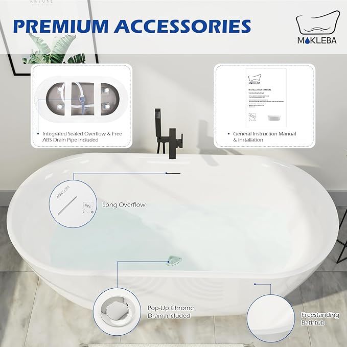 67" Acrylic Freestanding Bathtub, Elegant Oval Free Standing Tub, Soaking Tub with Integrated Slotted Overflow, Toe-Tap Chrome Drain, cUPC Certified, Glossy White