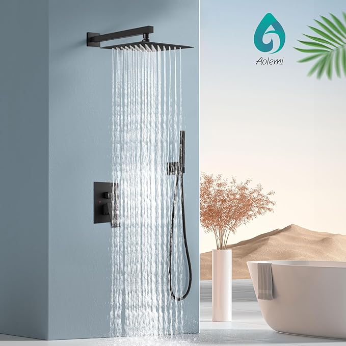 Aolemi Shower Faucet Set, High Pressure Shower System with 2-in-1 Handheld Sprayer, Wall Mount Fixture Combo with Rough-in Valve, 12 Inch Shower Head, Matte Black