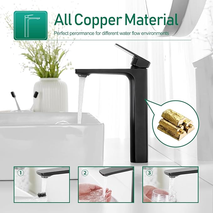VOTON Vessel Sink Faucet Matte Black Tall Bathroom Faucet Single Handle Vanity Bathroom Sink Faucet 1 Hole Basin Mixer Tap with Water Supply Hose and Pop Up Sink Drain