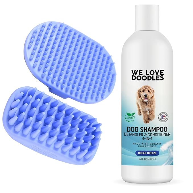 We Love Doodles 2 PACK Pet Rubber Bath Brush and Dog Shampoo (Bundle) - for Shower Scrubbing & Soothing Massage and Organic Dog Shampoo, Conditioner & Detangler - Made in The USA