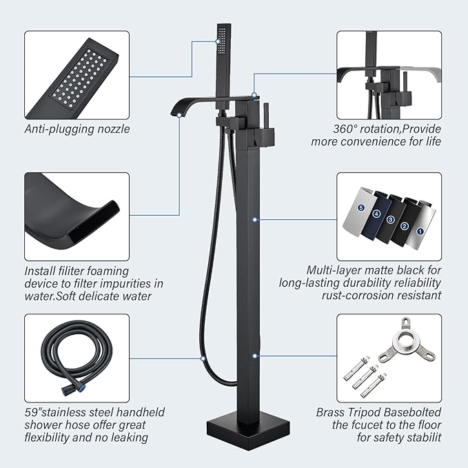Freestanding Bathtub Faucet Matte Black Floor Mounted Tub Filler with Hand Shower Brass High Flow 360 Degree Swivel Standing Spout Mixer Taps