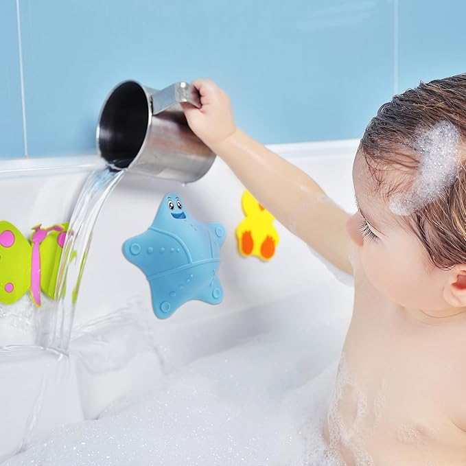 Bathtub Overflow Drain Cover, Silicone Tub Overflow Drain Cover, Soak Bathtub Drain Cover Stopper with Suction Cups, Cute Bathroom Spa Accessories Adds Inches of Water for Deeper Bath (Blue)