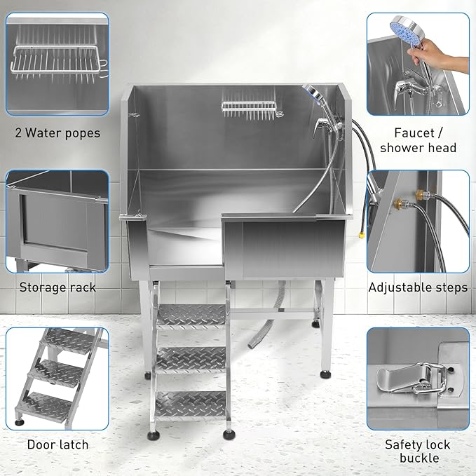 38'' Large Dog Bathtub Stainless Steel, Dog Washing Station, Pet Bathing Station Grooming Bath Tub with Left Ramp & Removable Door & Showerhead & Faucet & Soap Holder for Home Pet Grooming Salon