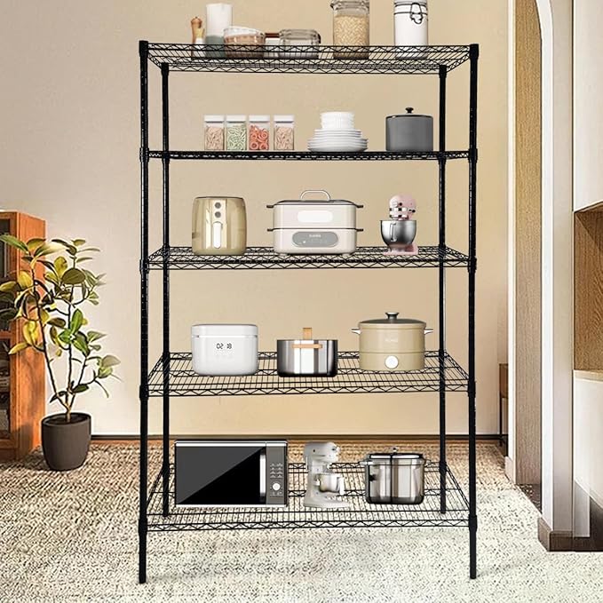 Heavy Duty 5-Tier Wire Shelving Adjustable Shelves Unit Metal Storage Rack Flat for Laundry Kitchen Pantry Garage Closet Organization (Black, 47.1" L x 17.6" W x 72.2" H)