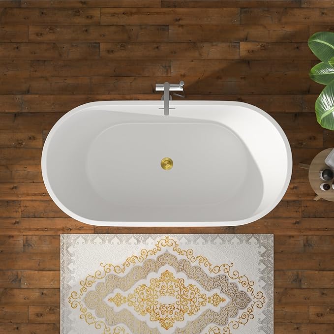 59 Inch Freestanding Acrylic Bathtub White Roll Top Soaking Tub with Gold Drain Glossy Finish for Elegant Bathroom Style, YSB9220