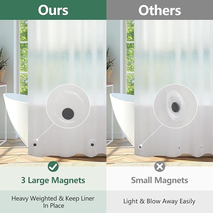 EVA Shower Curtain Liner 3D Silk Frosted with 3 Extra-Large Magnets, Bpa-Free Waterproof Shower Curtain Liner Odorless, 72 x 72 inch Lightweight Bathroom Curtain Translucent for Privacy