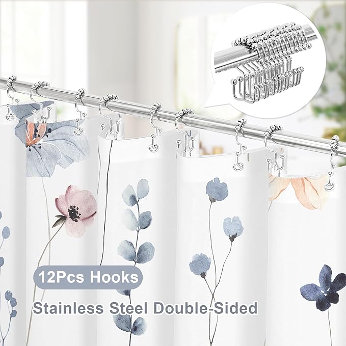 Gibelle 3 in 1 Shower Curtain Set, Blue Watercolor Floral Bath Curtain and PEVA Liner Set with 12 Double Sided Steel Hooks, Waterproof Fabric Bathroom Curtain 72x72