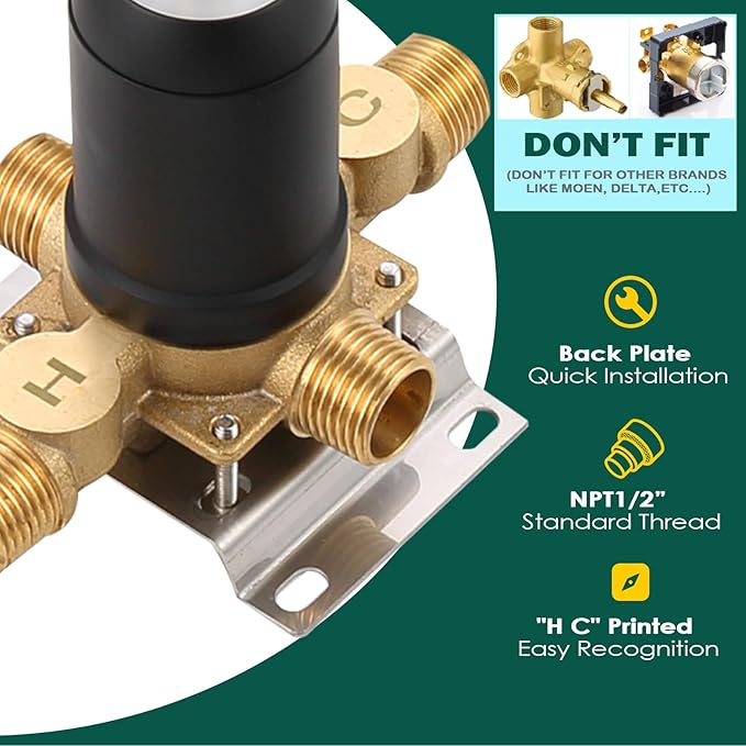 2 Way Shower Diverter Pressure Balance Mixing Valve with Single Handle Matte Black Shower Trim Kit, Dual-Function Shower Control Brass Rough-In Mixer 1/2" NPT Connection