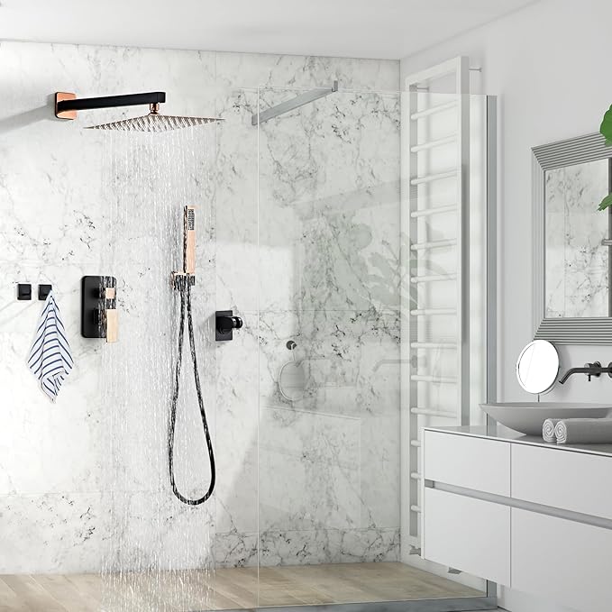 Shower Faucet Set, Matte Black and Rose Gold Rainfall Shower System Complete Wall Mounted for Bathroom with 10 Inch Square Shower Head and Handheld Shower Head Rain Mixer Combo Set