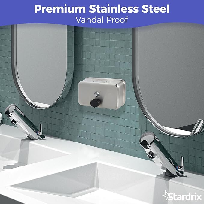 Heavy Duty Stainless Steel Wall Mount Soap Dispenser, 1100ml/37oz, with Corrosion Proof Lining and Anti-Leak Pump for Commercial & Home Bathroom Kitchen (Horizontal)