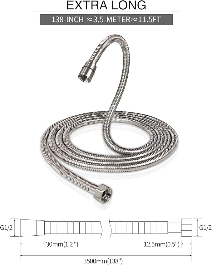 PHASAT Shower Hose,138 Inches Extra Long Shower Hose Replacement,304 Stainless Steel Shower Head Hose Extension Brushed Nickel,A3107N-3.5