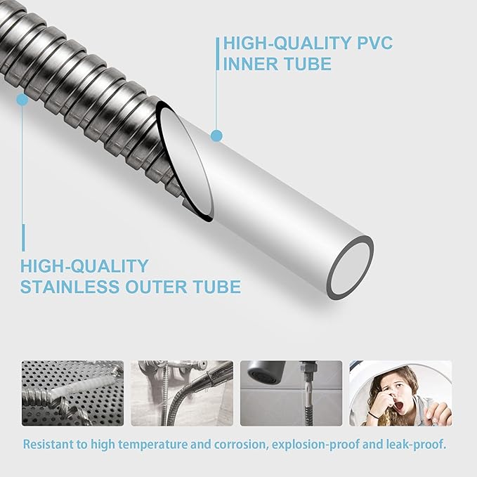 OFFO Shower Hose, 158 in Kink Free Stainless Steel Shower Hose Attachment Electroplating Handheld Shower Head Hose Flex Hoses Extension with Brass Insert & Nut for Pet Bathing Cleaning, Nickel Gray