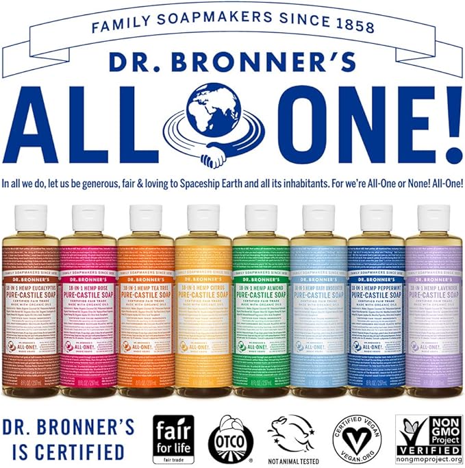 Dr. Bronner's - Pure-Castile Liquid Soap (Citrus, 8 ounce) - Made with Organic Oils, 18-in-1 Uses: Face, Body, Hair, Laundry, Pets and Dishes, Concentrated, Vegan, Non-GMO