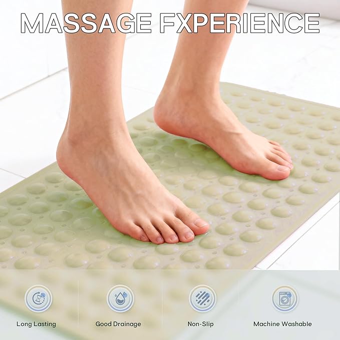 Anti-Slip Bathtub Shower mat, 27.5×14.5（Approximately 70×37cm） inch Soft Oversized Machine Washable Non-Slip Bathtub mat with Drainage Holes, Bathroom Floor Suction Cup.（1-Opaque Khaki）