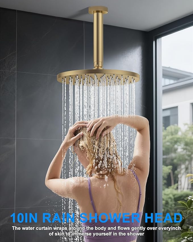 Shower System with Pressure Balance Valve, 10" Ceiling Mount Shower Faucet Set with 2 Rain Shower Head And Multi-function Handheld Head Push Button Diverter Pressure Balancing Valve Kit, Brushed Gold