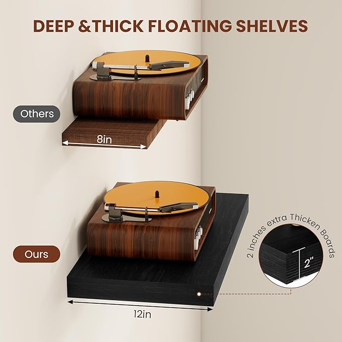 Vivelove 2 inch Thick Floating Shelves for Wall 55 Inches Long, 12" Deep Wall Shelves, for Bedroom, Bathroom, Living Room, Kitchen, Office, Modern Home Decor, 48" X 12" X 2", Set of 2, Black