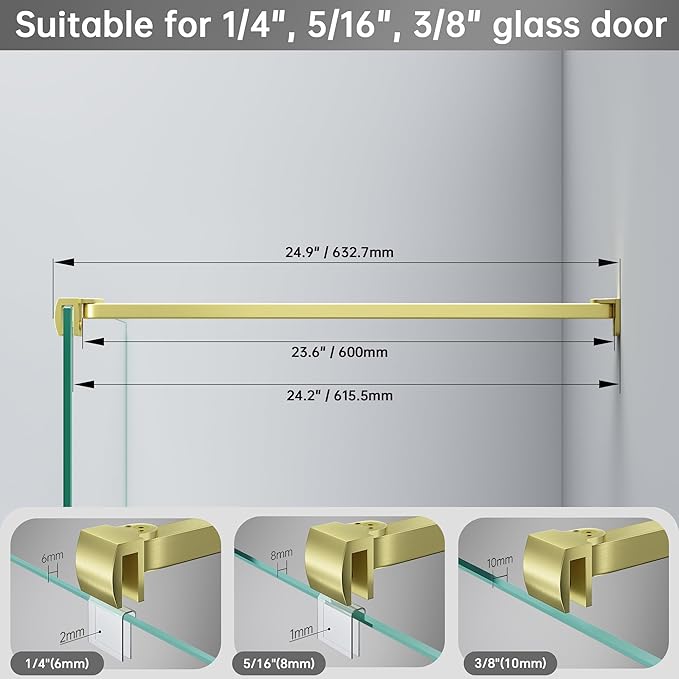 Frameless Shower Door Support Bar, Stainless Steel Wall-to-Glass Support Arm to Fixed Shower Glass Panel, for 1/4"-3/8" (6-10 mm) Door, 180° Pivot & Stow-Flat Mode (Brushed Gold, 23.6-inch(600mm))
