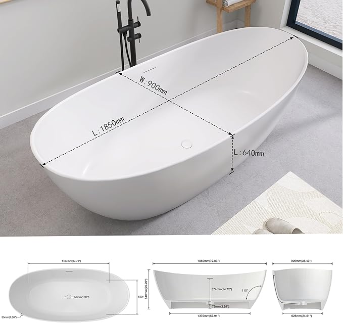 SJ STAR&JANE 73" Solid Surface Freestanding Bathtub Stone Resin Tub Oval Double Slippers Stand Alone Soaking Tub with Pop-up Drain and Overflow, Matte White